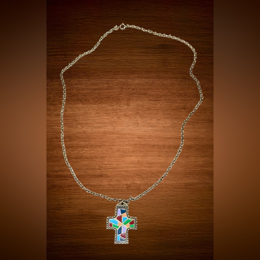 VINTAGE CROSS PENDANT ENAMEL “TERRA SANCTA GUILD” COLORFUL DESIGN AND LONG CHAIN